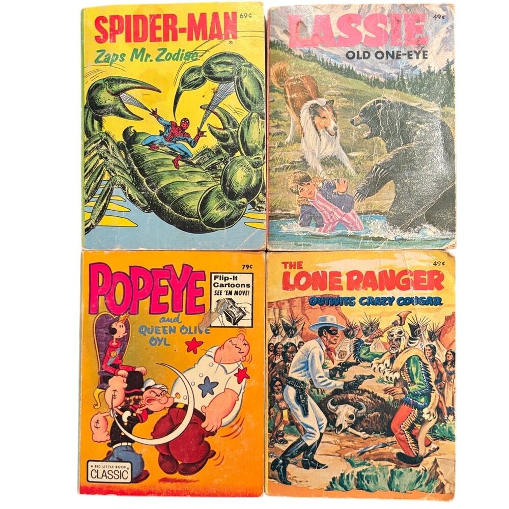 VTG Lot of 4 Big Little Books, Lone Ranger, Spider Man, Popeye, Lassie 60's-70's